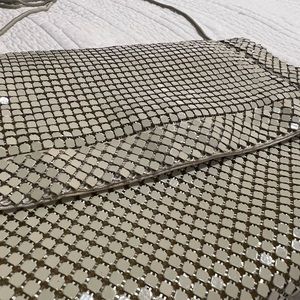 Vintage metal sequin evening bag with gold accents and matching chain